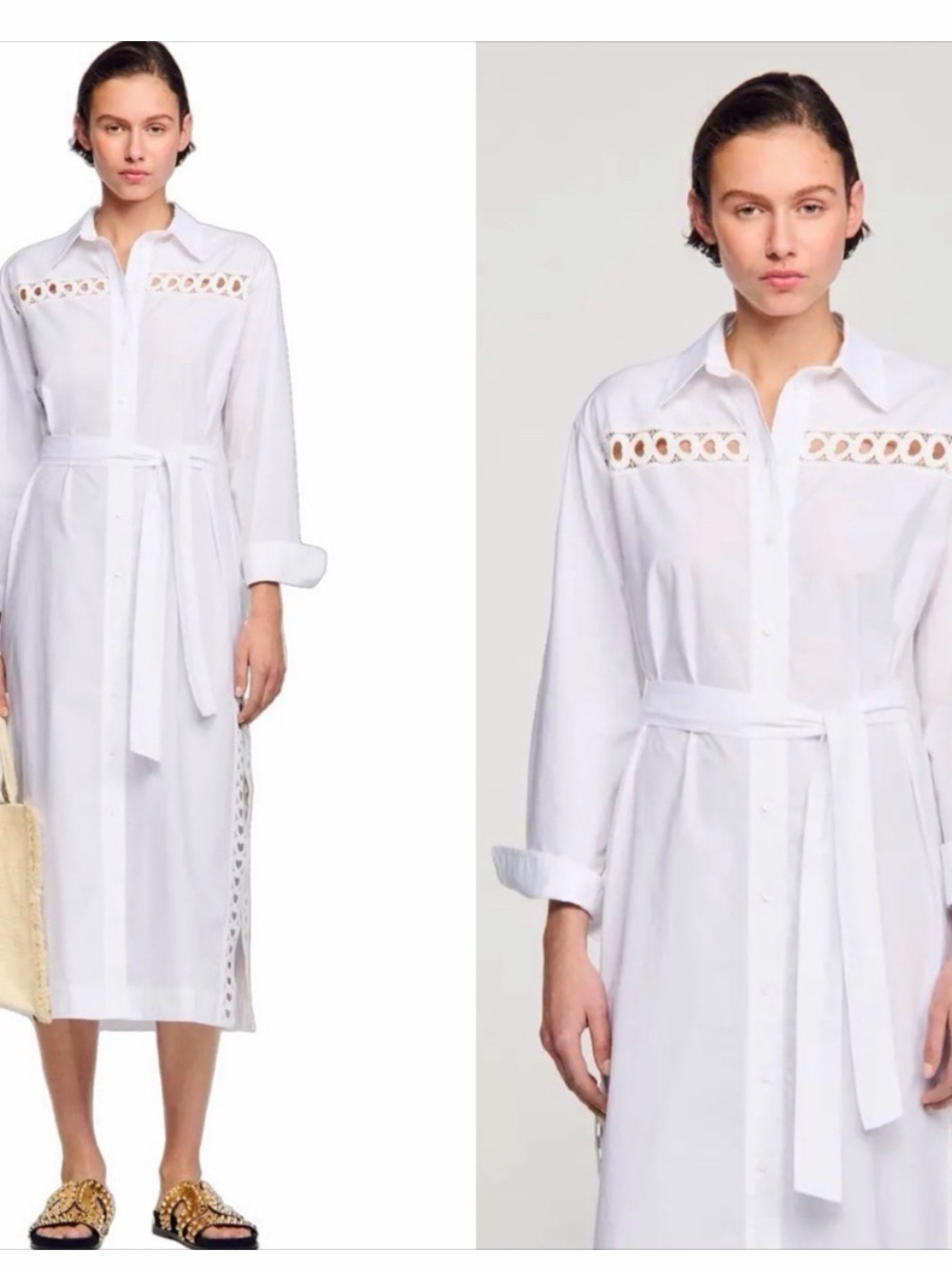 Sandro White Eyelet-Bodied Shirt Midi Dress